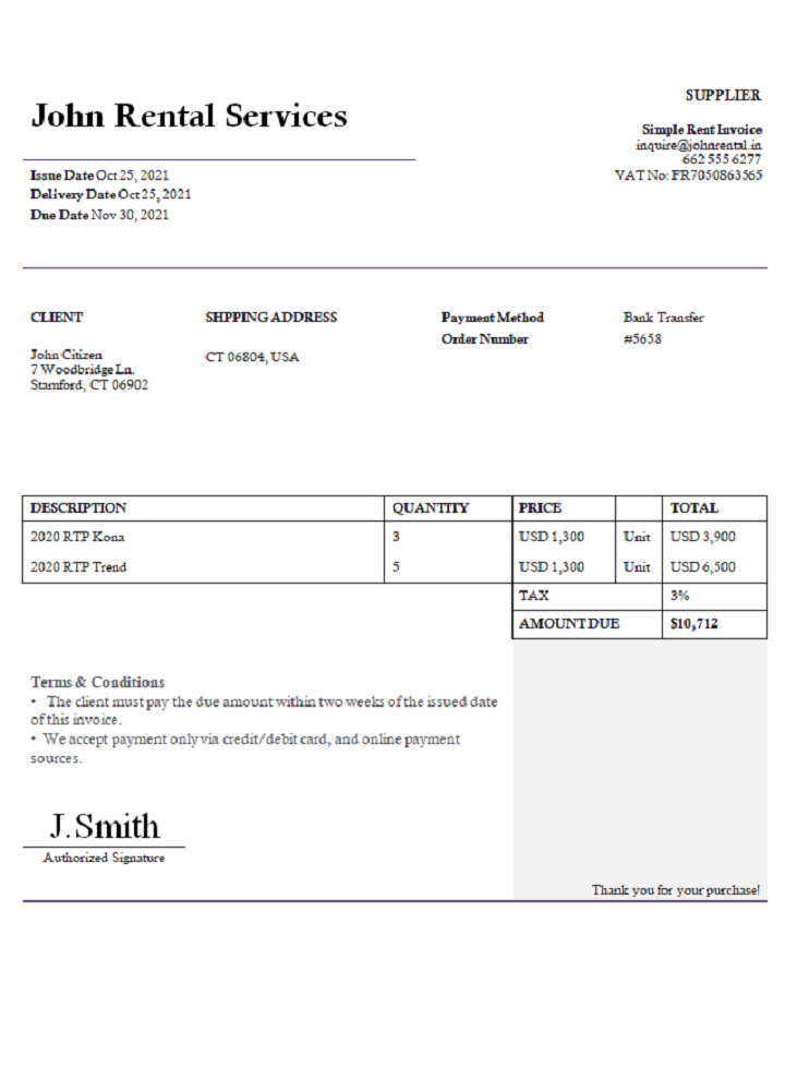 USA John Rental Services invoice PSD template